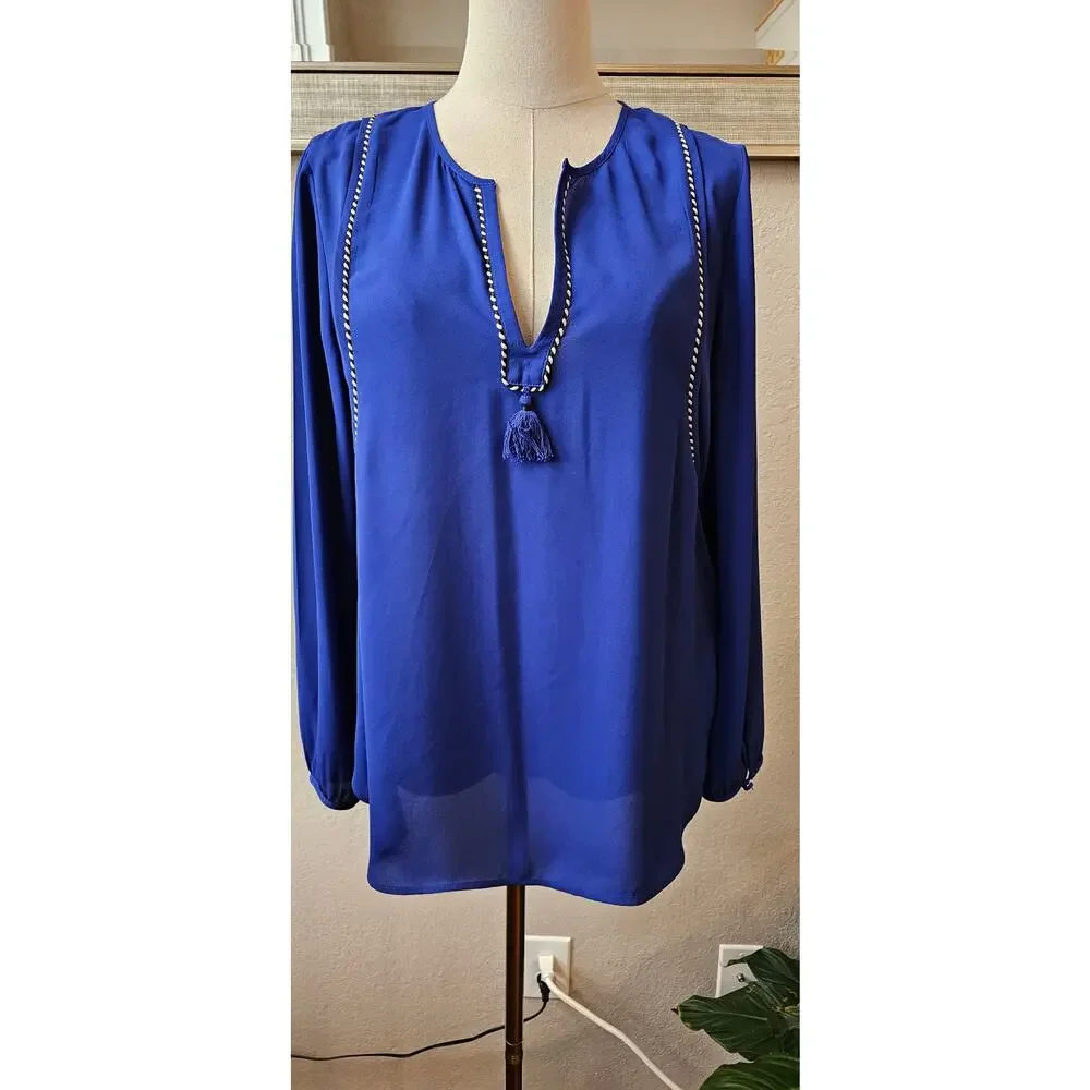 J. Crew V-Neck Tassel Trim Popover‎ Blouse Women Size 4 Blue Office Career Work